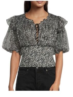 Free People Black and White Floral Smocked Waist Cross-Tie Blouse